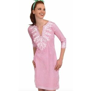 Gretchen Scott Dress Pink White Striped Dress Women Med 3/4 Sleeve Embroidered